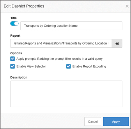 The Edit Dashlet Properties window allows you to set the title, options, and description of the dashlet. The Edit Dashlet Properties window allows you to set the title, options, and description of the dashlet.